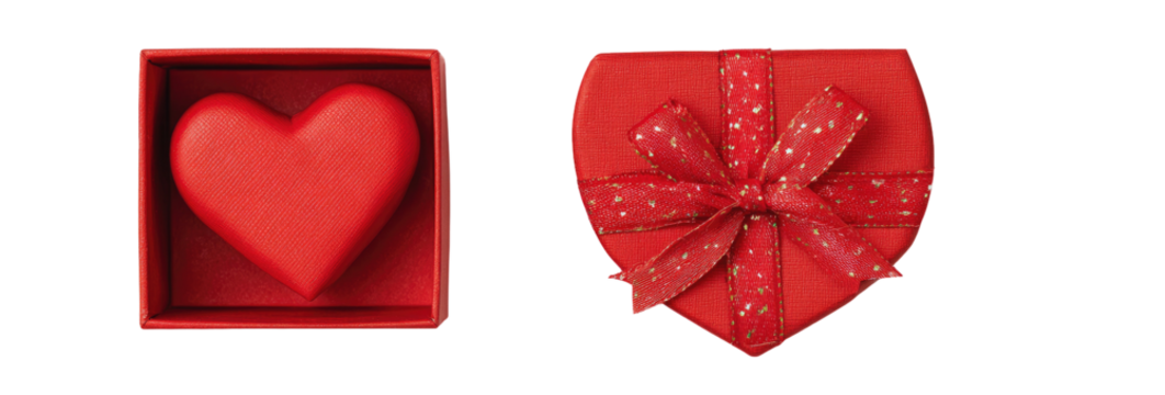 Two red heart-shaped gift boxes, one open, one closed