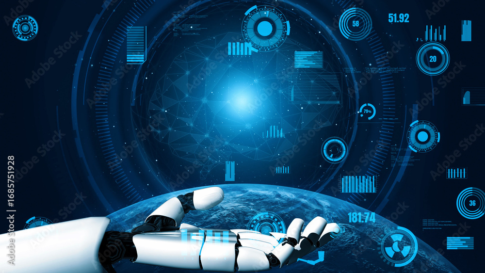 Wall mural a high-tech image showcasing a robotic hand extended towards a glowing globe, surrounded by digital 