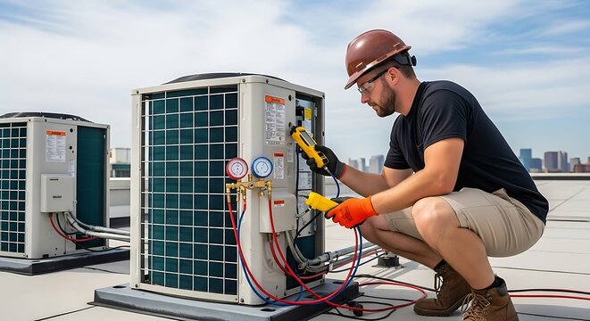 Hvac technician inspecting an air conditioning unit on a rooftop