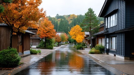 Quiet street with traditional architecture and blooming flowers, reflecting a tranquil atmosphere following recent rain