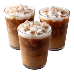 Iced Coffee with Creamy Foam in Three Glasses on White Background
