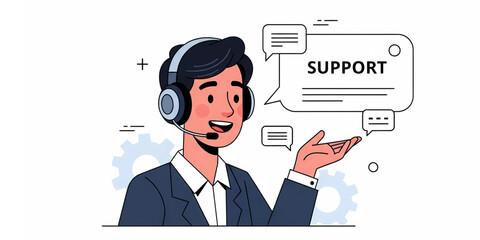 Friendly male customer service agent with a headset providing online support and assistance in a professional call center environment.
