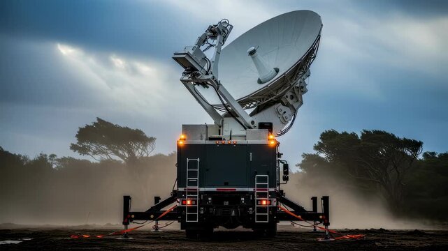 Satellite uplink vehicle maneuvering its dish antenna in heavy wind conditions demonstrating stability and safety protocols during signal alignment.