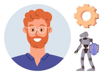 Smiling bearded man in glasses, large gear shape, futuristic robot with shield. Ideal for technology, innovation, teamwork, AI, progress development digital transformation. Simple flat metaphor