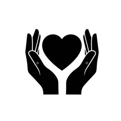 Obraz premium Vector art of two cupped hands gently holding a black heart symbol, , representing love and care
