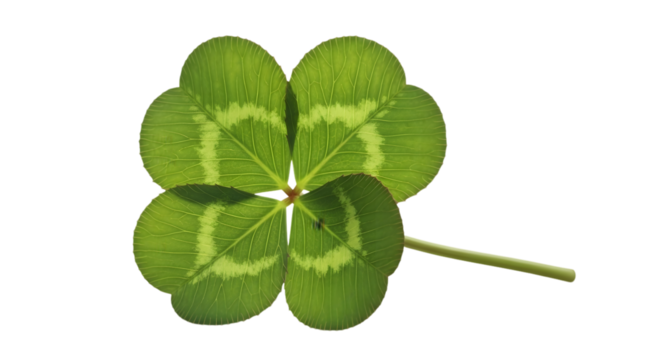 A vibrant green four-leaf clover with a stem, isolated against a clean white background, symbolizing good luck and fortune.