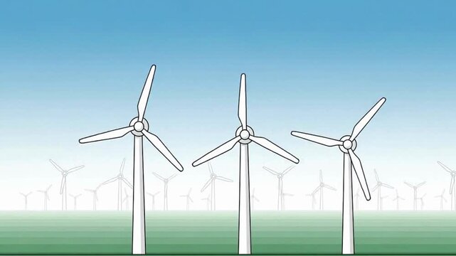 Minimalist line art animation of multiple wind turbines spinning in a field representing clean renewable energy and sustainable power generation.

