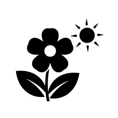 Vector art of simple black and white icon of a flower with leaves and a sun