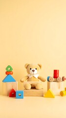 Obraz premium Playful toys, blocks, teddy bear on pastel yellow background