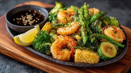 Fototapeta premium Delicious Shrimp Tempura with Vegetables and Soy Dipping Sauce