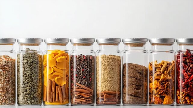 Glass jars filled with diverse colorful spices arranged in row
