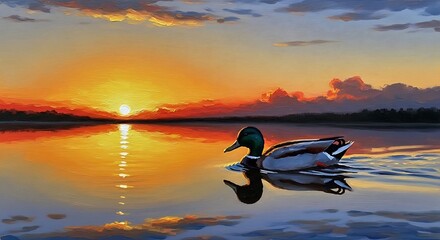 A mallard duck swims peacefully on a calm lake at sunset, reflecting the colorful sky.