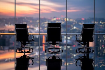 Three Executive Office Chairs Facing Panoramic Cityscape at Sunset