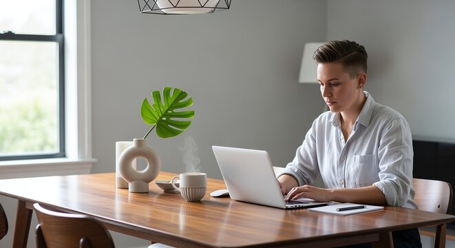 man working on laptop at dining table, focused on task, remote work, entrepreneurship, modern lifestyle, business, concentration, home office