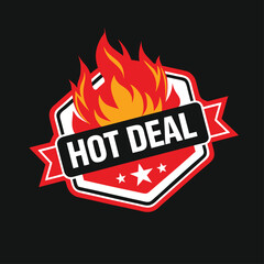 "Hot Deal Promo Badge – Stylized Flame with Bold Black Banner and White Text, Red Ribbon Accents, Hexagonal Frame, and Star Details – Ideal for Flash Sales, Urgent Offers, Retail Promotions, and E-Com
