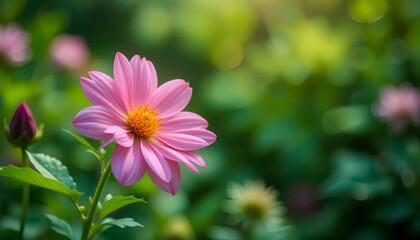 Obraz premium Pink flower in focus against a softly blurred green background with hints of more flowers. Bright, serene, and nature-inspired.