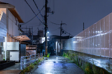 Obraz premium 雨に濡れた夜の路地 ― 街灯に照らされた静かな風景