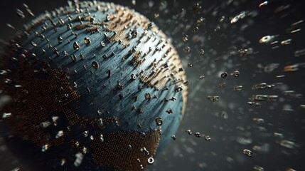 Artistic representation of a globe covered in digital data fragments showcasing a modern interpretation of global connectivity