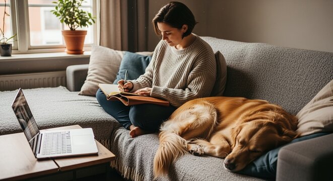 Woman sitting on a sofa with a laptop and notebook, writing and working from home with her golden retriever dog resting beside her