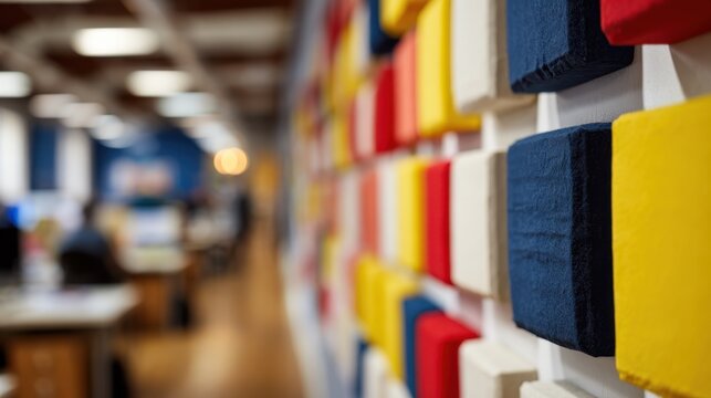 Medium shot focusing on foam soundabsorbing panels arranged on a vibrant wall with outoffocus office environment emphasizing noise reduction