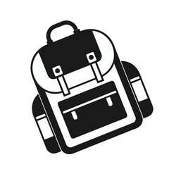 "Stylized Backpack Icon – Black and White Line Illustration Featuring Buckle Straps, Zipper Pocket, Side Compartments, and Top Handle – Ideal for Travel, School, Hiking, Outdoor Activities, and Lifest
