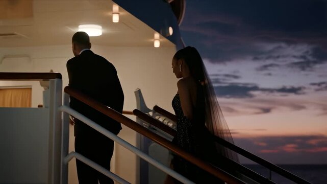 Elegant couple ascends staircase on luxurious yacht at twilight, showcasing graceful movement and romantic ambiance as they approach the upper deck for an enchanting evening
