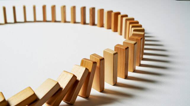 Dominoes Lined Up in a Curved Row Ready to Fall on a White Surface Keywords: domino, dominoes, game, toy, wood, wooden, falling, toppling, chain reaction, sequence