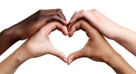 Intertwined hands forming a heart shape.  Diverse skin tones (1)