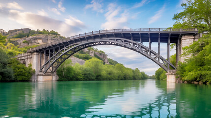 Fototapeta premium Grand Arch Bridge Spanning a Turquoise River with Lush Green Banks architecture structure