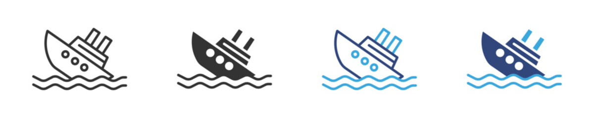 Sinking ship icon set in outline and flat style , vector illustration.