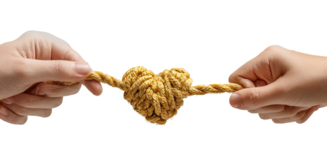 Two hands hold a rope, knot tied in a heart shape