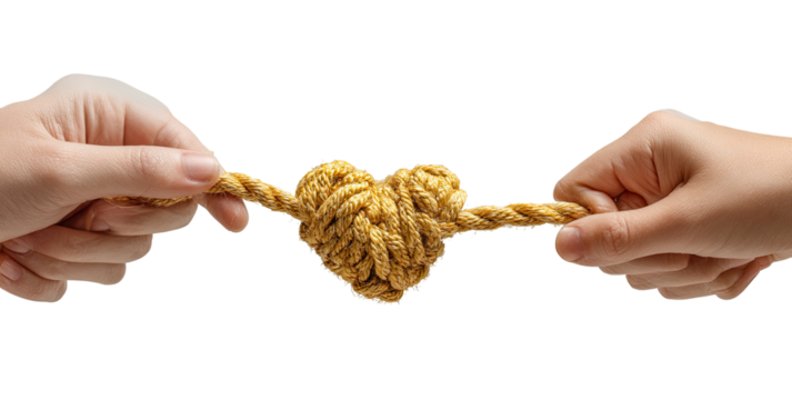 Two hands hold a rope, knot tied in a heart shape