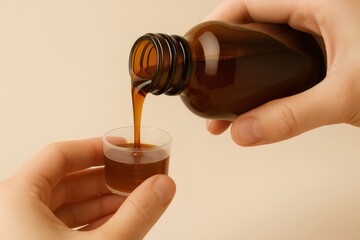 Pharmacist pouring medicine into measuring cup from amber bottle