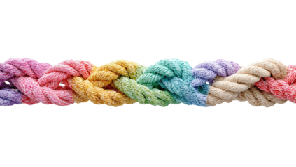 A close-up view of multicolored braided rope.  A rainbow of pastel colors, including pink, orange, yellow, green, blue, and purple, intertwine in a tight braid. The texture appears soft and textured