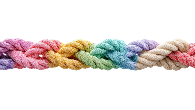 A close-up view of multicolored braided rope.  A rainbow of pastel colors, including pink, orange, yellow, green, blue, and purple, intertwine in a tight braid. The texture appears soft and textured