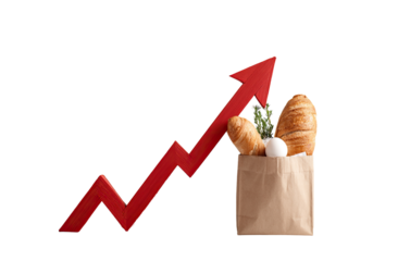 Red upward arrow graphic above a paper grocery bag filled with food items