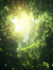 Scenic Spring Forest Canopy: Lush Greenery and Sunlit Trees in a Tropical Wilderness