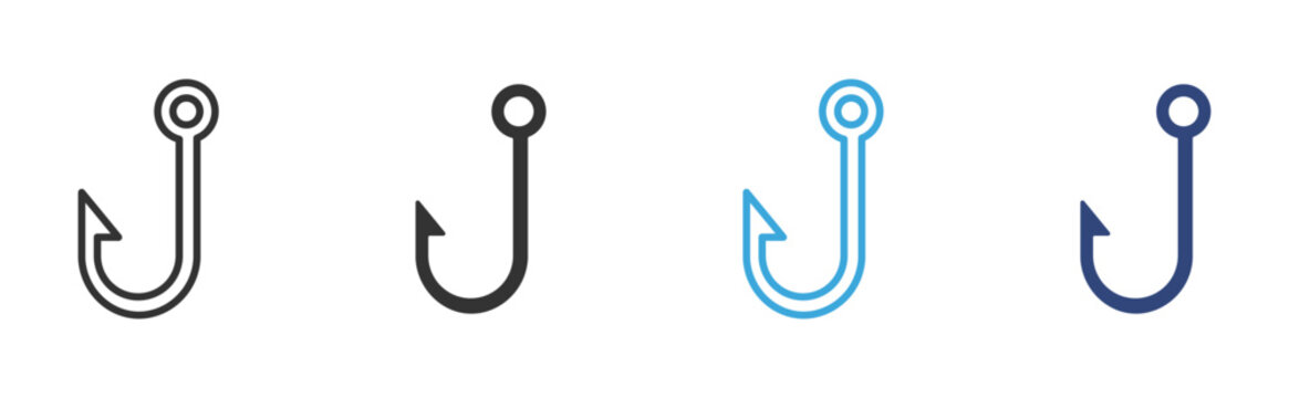 A metal fishing hook icon set in outline and flat style , vector illustration.