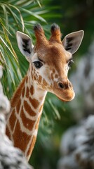 Obraz premium Portrait of a Young Giraffe with Beautiful Eyes and Lush Green Background