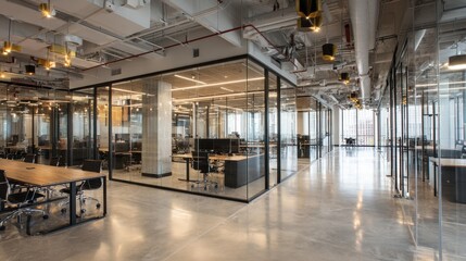 Modern office space with glass walls and open design in a high-rise building during daylight hours