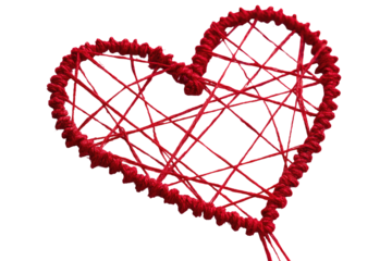 Red heart, woven with threads.  Intricate design,  outline