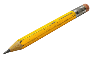 A worn yellow pencil, slightly angled, with visible wood grain and a darkened tip
