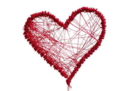 A vibrant red heart shape, intricately woven from thin threads, creating a textured, lace-like design.  Tiny specks of glitter enhance the heart's surface.  Isolated against a deep black background