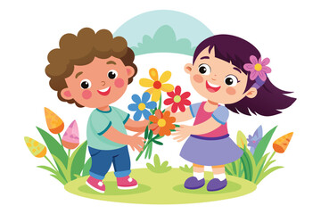 Happy Children Holding Flowers in Lush Green Garden Scene