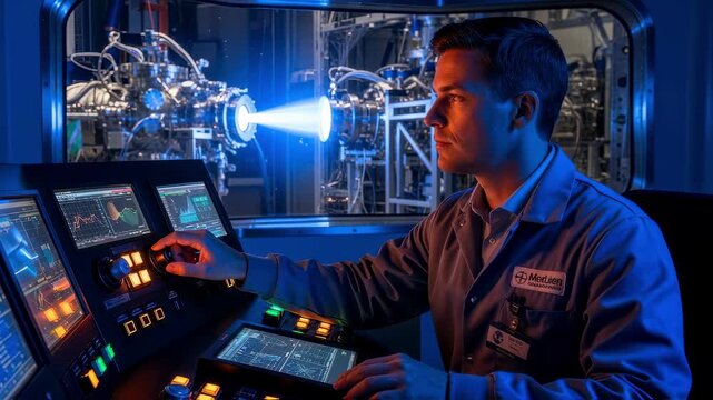 Aerospace scientist adjusting control panels during ion thruster vacuum firing trials to optimize satellite engine performance.