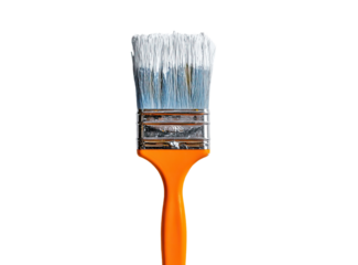 Close-up of a paintbrush with white paint on bristles, orange handle