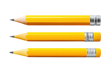 Three yellow pencils, in a horizontal row, with slightly differing lengths.  The pencils have dark gray graphite leads.  A metallic gray band is visible around the pencil's ends