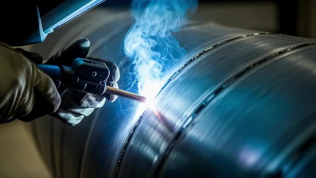 Close perspective of fluxcored arc welding on hyperloop vacuum tube curved shell intricate metal fusion techniques in cuttingedge transport build.