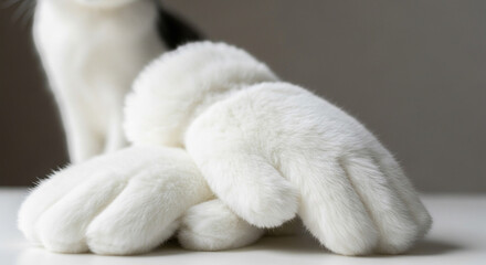 Close-up of a cat's fluffy white paws resting on a surface, with the cat's body blurred in the background.