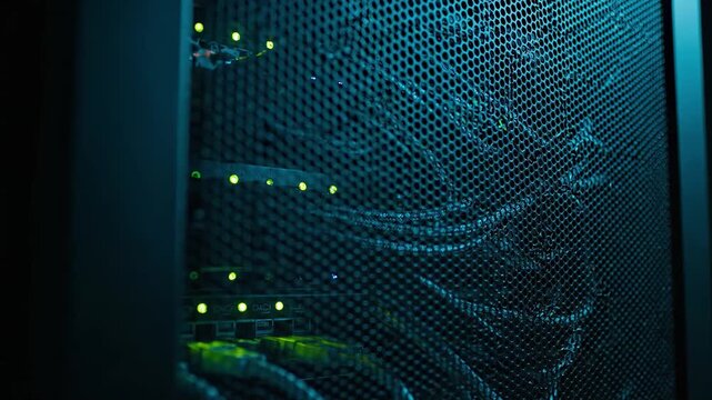 edge-compute rack supporting a 5G core, braided DAC cables and green status LEDs gleaming behind a perforated door,